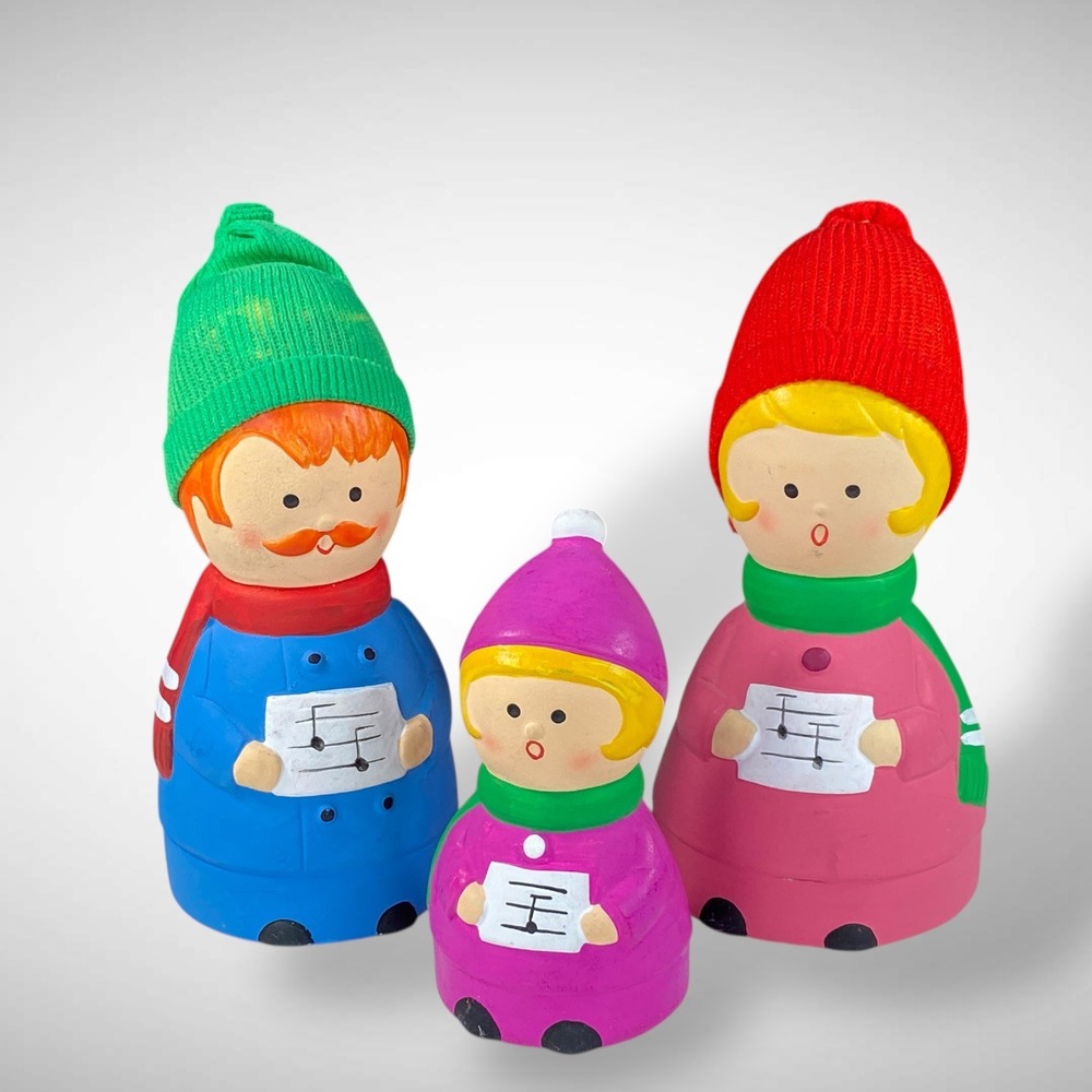 Christmas Caroler Family‎ Trio Figurines Midcentury Korea Bright Colors Hats